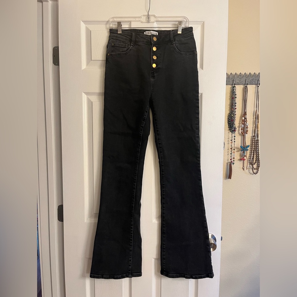 Zara Button Fly Flare Black Jeans